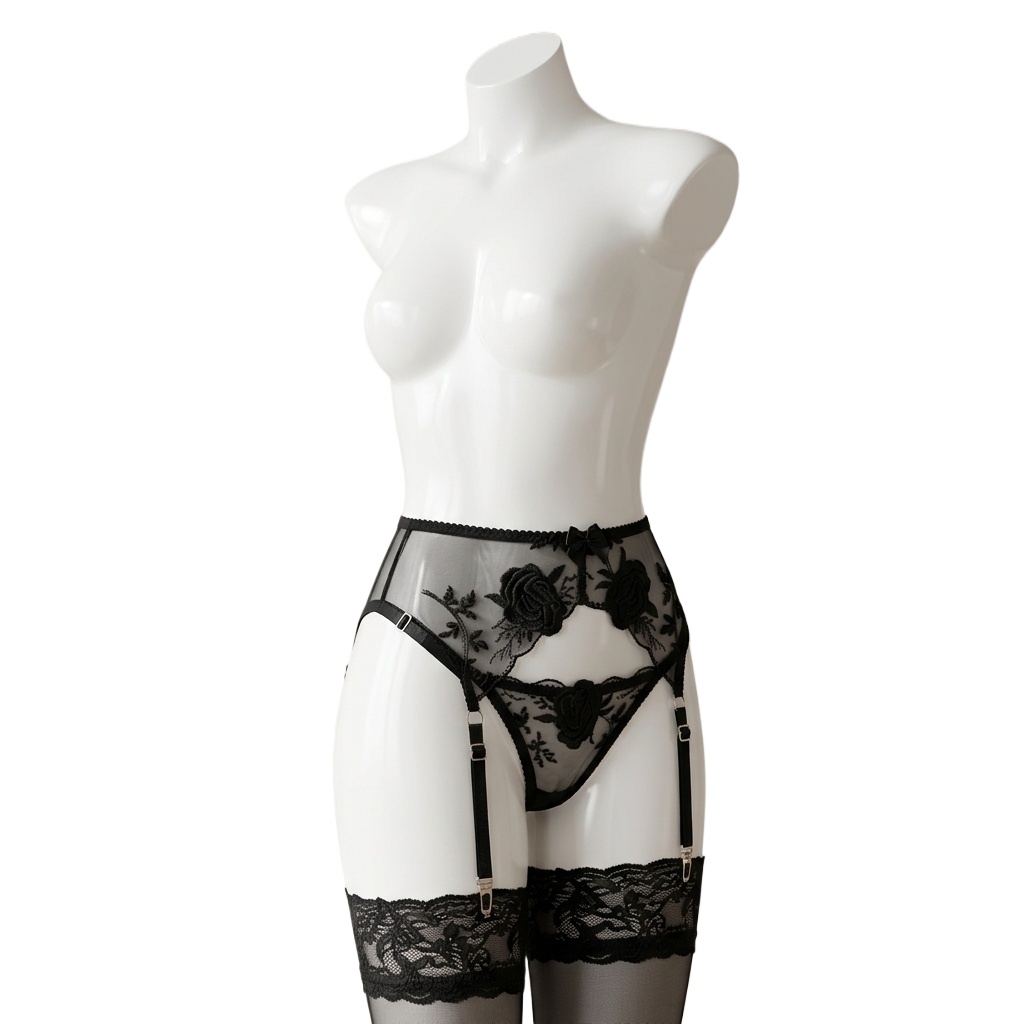 女性用、刺繍入り花柄ガーターベルトとショーツのセット。ハイウ - Garter Belt Set のレビューと価格