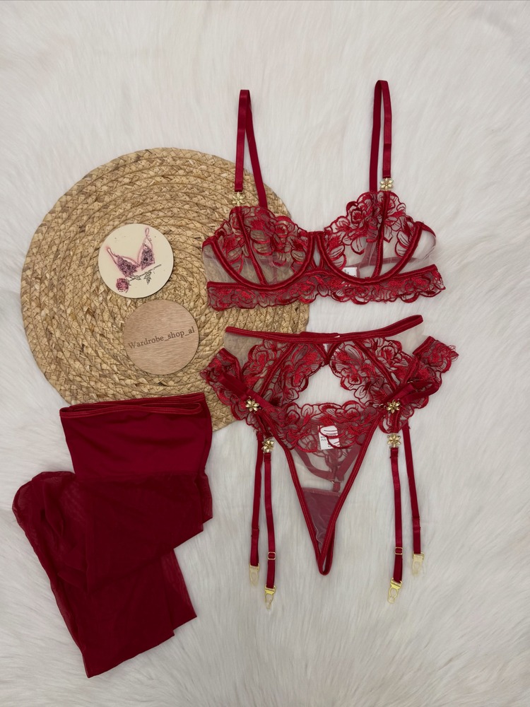 レディース バーガンディ レース ランジェリーセット アンダ - Garter Belt Set のレビューと価格